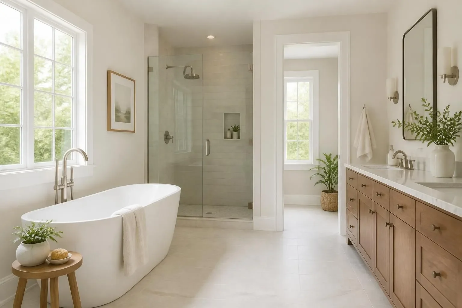 A bright finished bathroom with a freestanding tub and wood vanity
