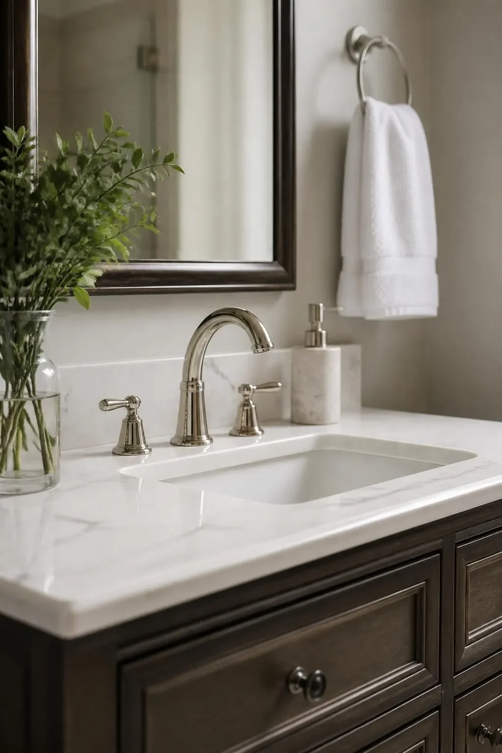 Finished bathroom sink with polished faucet and clean fixtures.