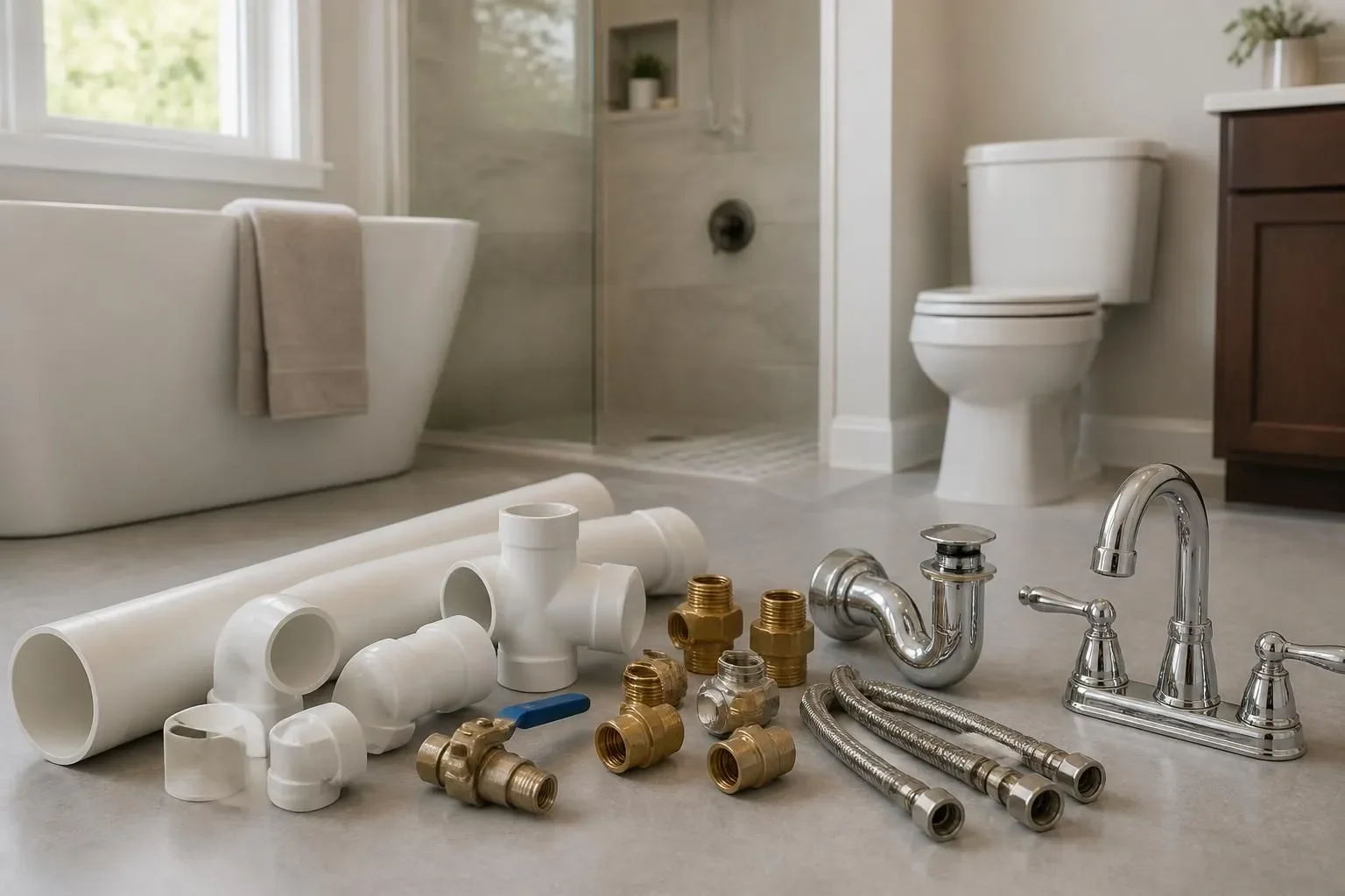 Neatly arranged plumbing materials beside a finished bathroom project.