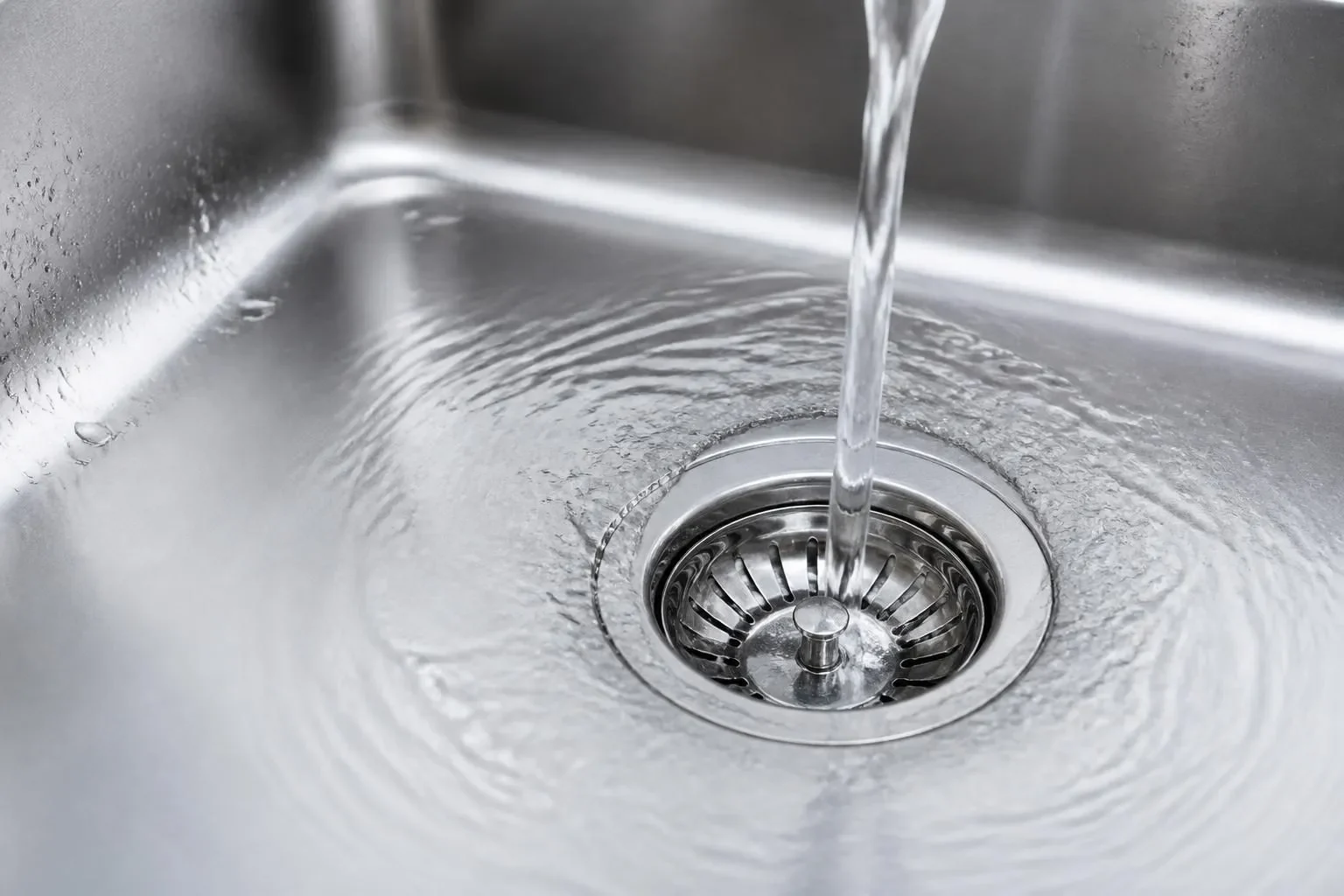 Clean sink drain with clear water flow after service.