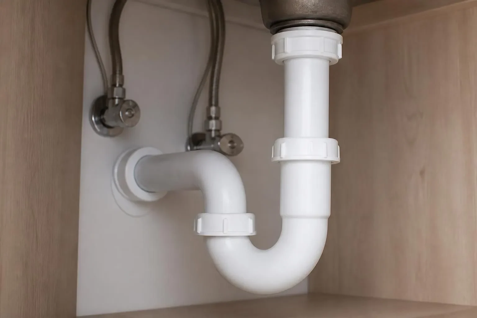 Clean repaired pipes in a tidy utility area.