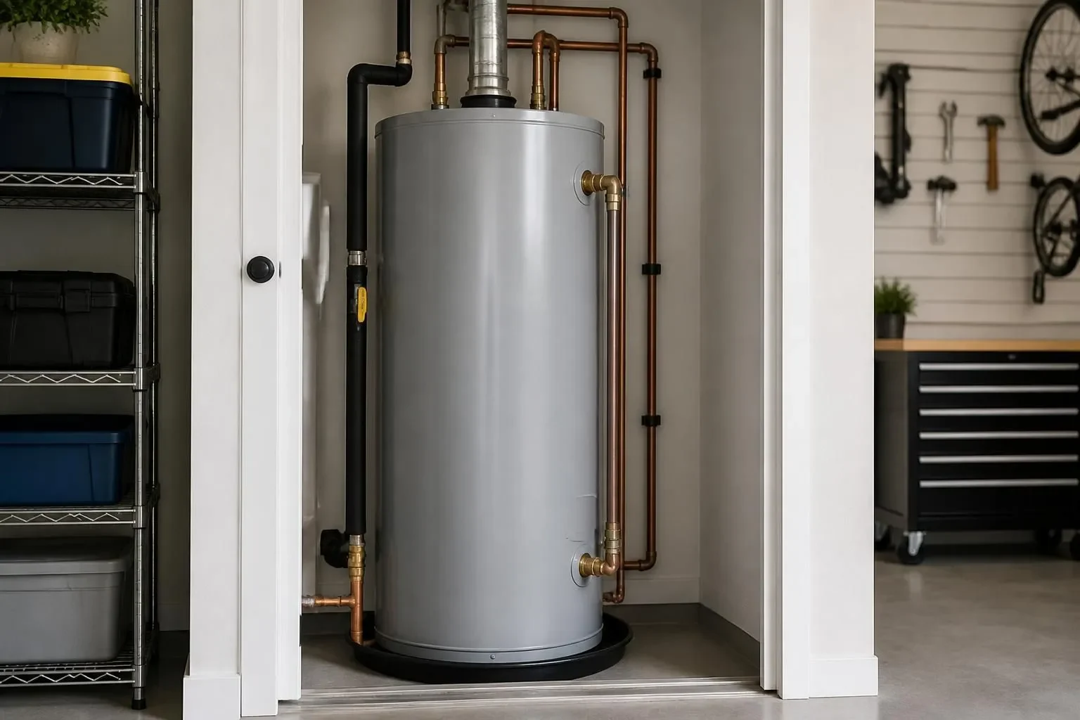 Modern water heater in a clean utility space.